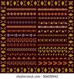 Vector set of geometric and hand drawn borders in ethnic style. Collection of pattern brushes inside. Aztec ornaments