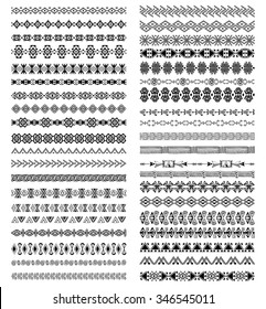 Vector set of geometric and hand drawn borders in ethnic style. Collection of pattern brushes inside. Aztec ornaments