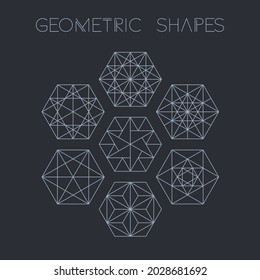 Vector set of geometric hexagonal linear shapes isolated on dark background