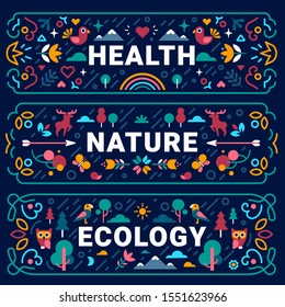 Vector set of geometric illustration of ecology of nature with bird, tree, flower, deer, word on dark background. Flat style design with frame for web, site, banner, card