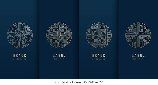 Vector set of geometric line logos, wine, jewelry, perfume and cosmetic labels. Art deco circles, luxury signs. Package, vintage motif, golden and foli colored