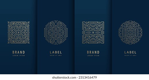 Vector set of geometric line logos, wine, jewelry, perfume and cosmetic labels. Art deco circles, luxury signs. Package, vintage motif, golden and foli colored