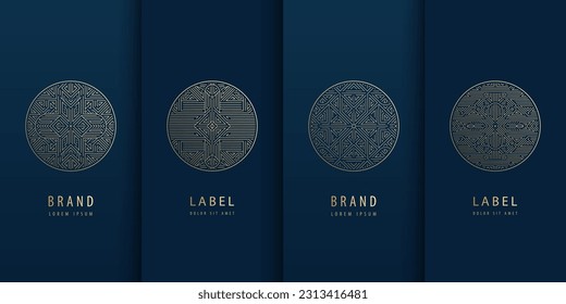 Vector set of geometric line logos, wine, jewelry, perfume and cosmetic labels. Art deco circles, luxury signs. Package, vintage motif, golden and foli colored