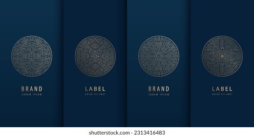 Vector set of geometric line logos, wine, jewelry, perfume and cosmetic labels. Art deco circles, luxury signs. Package, vintage motif, golden and foli colored