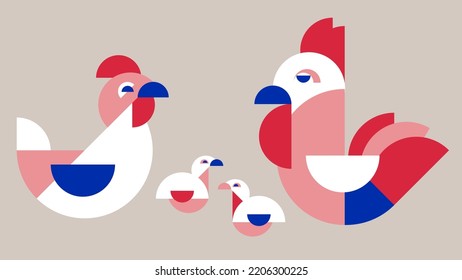 Vector set of geometric minimal chicken family on a beige background