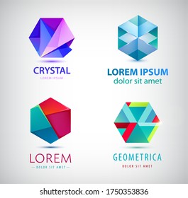 Vector set of geometric, origami abstract 3d shapes, hexagon, crystal logos