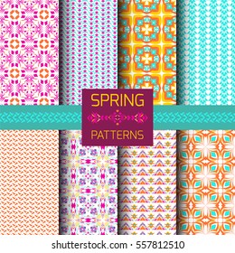 Vector set of geometric ornamental patterns with bright spring colors. Seamless texture collection. Ethnic ornament. Floral oriental motif