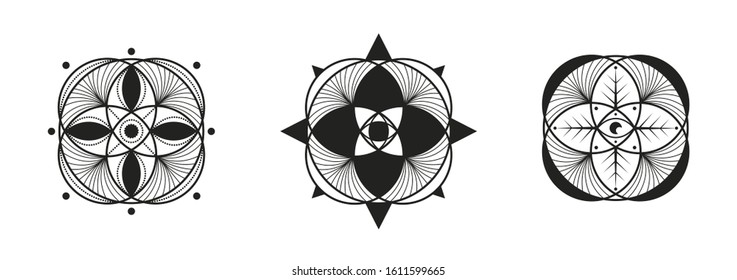 Vector Set of Geometric Ornaments flowers. Lineart ornamental logo. Mandala sacred geometry. Abstract symbol. White background.