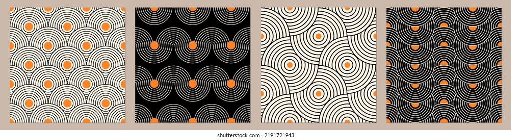 Vector set of geometric patterns. Boho art prints. Trendy texture for print, textile, packaging. Vector seamless backgrounds.