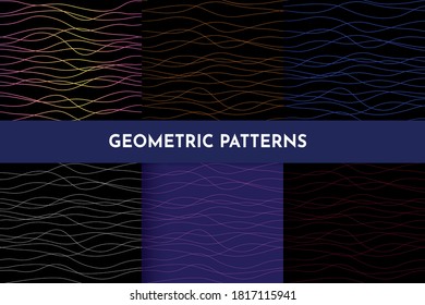 Vector set of geometric patterns with stripes, swirls, abstract lines, gradient for wrapping paper, postcards, home textile, fabric, costumes, wallpaper, social network templates. Abstract background