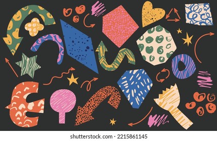Vector set geometric primitive colorful shapes with different textures in contemporary style