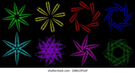 Vector set of geometric round ornaments for frames from multi colored leaves on a black background. To highlight text or a sign.
