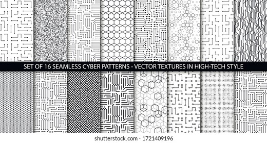 Vector set of geometric seamless patterns with microchip or circuit board elements. Monochrome textures. Technology concept. Usable as wrapping paper, website background.