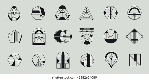 Vector set of geometric shape logos, hipster, art deco line signs. Minimal signs, design elements, archs, circles and hexagons.