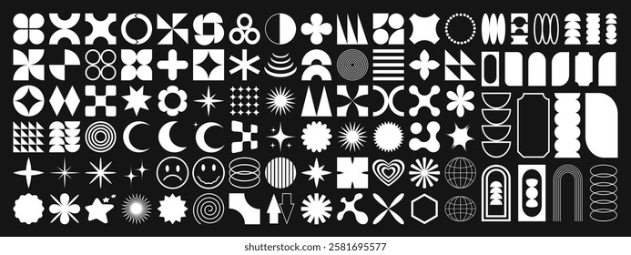 Vector set of geometric shapes. Abstract retro forms and figures. Geometric brutalism graphics in trendy 90s style. Vector illustration.