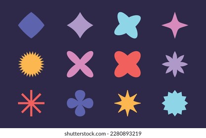 Vector set of geometric shapes with dark background. Abstract icons or symbols in y2k aesthetic. Trendy design elements for banners, social media marketing, branding, packaging, covers.