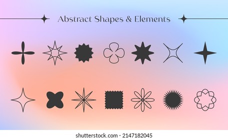 Vector set of geometric shapes with mesh gradient background.Abstract icons or symbols in y2k aesthetic.Trendy design elements for banners,social media marketing,branding,packaging,covers.