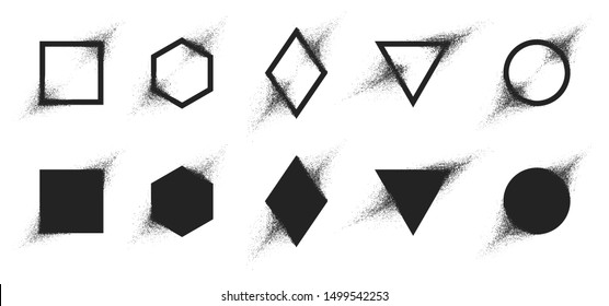 Vector set of geometric shapes with particle spray effect, Destruction of the figure turning into dust