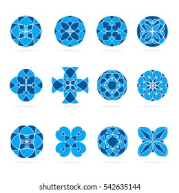Vector set of geometric shapes. Round blue mosaic ornaments and symbols for logos or decorations