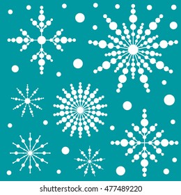 Vector Set of Geometric Snowflakes. Seamless Pattern with Line and Circles on Blue Background. 