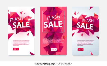Vector set of geometric social media banners for online shopping, flash sale. Low poly facet red illustrations for website and mobile banners, posters, email designs, ads, promotion