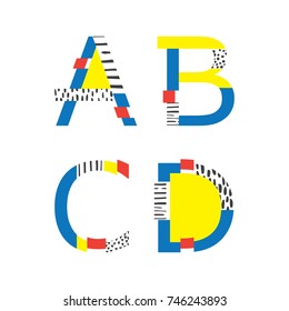 Vector set with geometric style letters sequence from A to D. Hand drawn elements, bright colors.