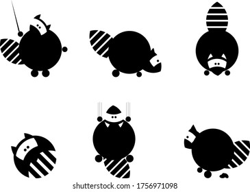 Vector set of geometric stylized raccoons