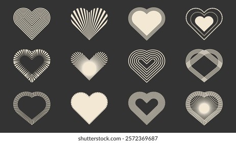 Vector set of geometric Valentine's day hearts in a simple and minimal style. Y2k aesthetic.	