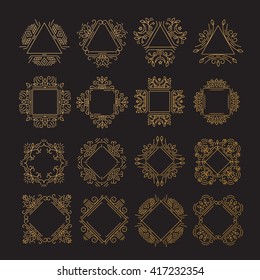 Vector set of geometrical  logo design templates and emblems in trendy linear style  in golden colors. Perfect for floral and natural cosmetics concepts. Ethnic frame.