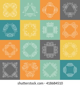 Vector set of geometrical  logo design templates and emblems in trendy linear style isolated on background. Perfect for floral and natural cosmetics concepts. Ethnic frame.