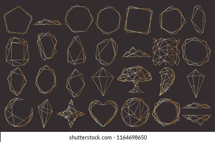 Vektorset mit geometrischem Polyhedron, Art-Deco-Stil für Hochzeitseinladung, luxuriöse Vorlagen, dekorative Muster. Moderne abstrakte Elemente, Vektorgrafik. Einzeln auf schwarzem Hintergrund.
