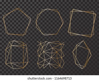 Vector set with geometrical polyhedron, art deco style for wedding invitation, luxury templates, decorative patterns. Modern abstract elements, vector illustration. Isolated on black backgrounds.