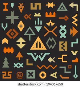 Vector set of geometrical shapes on black. Seamless geometrical pattern.