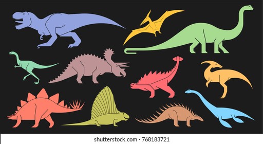 Vector set of geometrically stylized dinosaur icons. Different types of prehistoric dinosaur icons: trex, tyrannosaurus, triceratops,  brontosaurus, diplodocus, pterodactyl. 
