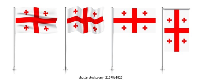 Vector set of Georgia flags on a metallic pole, isolated on a white background.