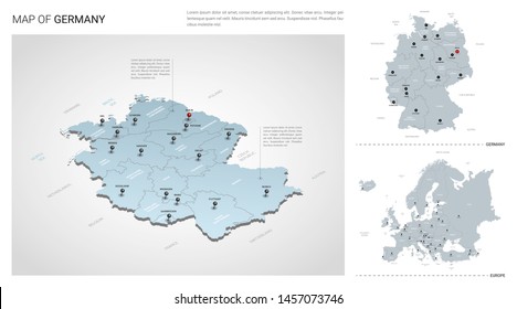 Vector set of Germany country.  Isometric 3d map, Germany map, Europe map - with region, state names and city names.