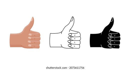 Vector set of a gesture sign - thumbs up, recommendation. Flat style, outline and simple style illustrations