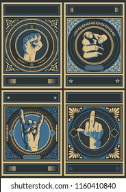 Vector Set of Gestures. Fist, Index Finger, The Finger, Sign of the Horns. Obey Style Poster Background Templates