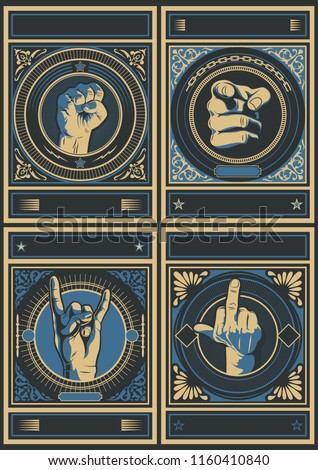 Vector Set of Gestures. Fist, Index Finger, The Finger, Sign of the Horns. Obey Style Poster Background Templates