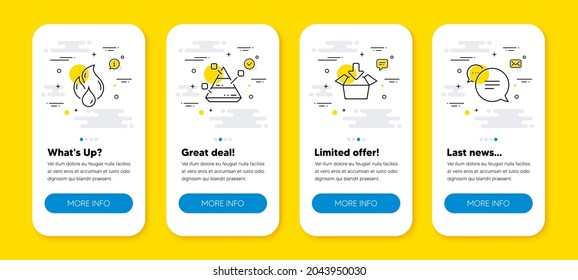 Vector set of Get box, Flammable fuel and Pyramid chart line icons set. UI phone app screens with line icons. Text message icon. Send package, Fire oil, Report analysis. Chat bubble. Vector