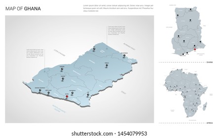 Vector set of Ghana country.  Isometric 3d map, Ghana map, Africa map - with region, state names and city names.