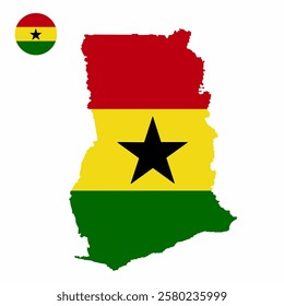 Vector set of Ghana high detailed map flag and national flag round badge isolated on white background.