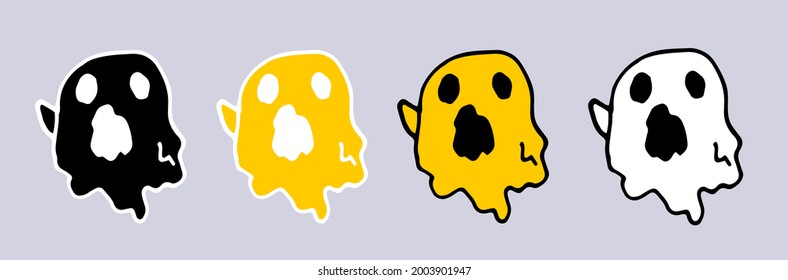 a vector set of a ghost with black holes of the eyes and mouth, orange and white colors and a black silhouette. isolated ghosts drawn in doodle style for halloween design template of labels, packaging