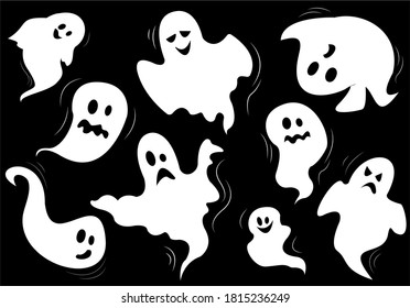 Vector set of ghosts characters. White silhouettes on black backgrounds. Halloween collection