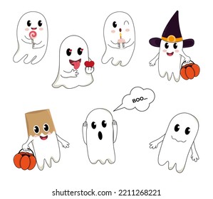 Vector set of ghosts. Collections of cute ghosts in flat style