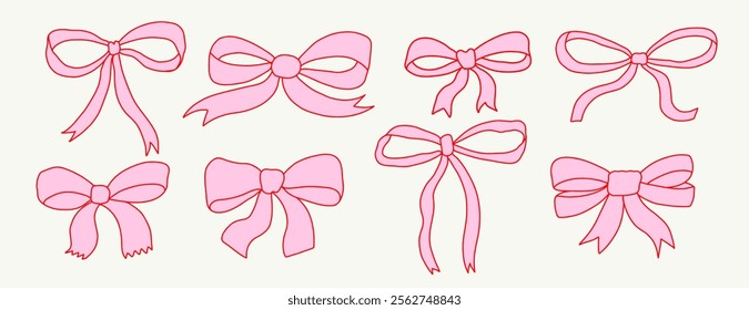 Vector set with gift bows. Hand drawn illustration. Pink ribbons on white background