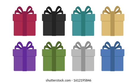 vector set of gift box illustrations in premium colour palette, holiday present wrapped with a bow