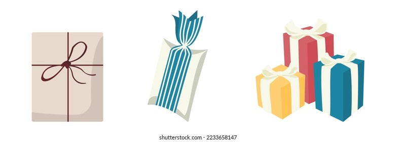 Vector set of a gift box with a ribbon with Christmas, New Year, wedding, and holiday symbols.