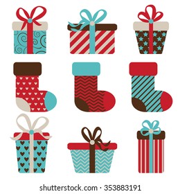 vector set of gift boxes and Christmas socks. EPS