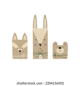 Vector set of gift boxes in craft packaging with hand-drawn bunny, bear and fox. Merry Christmas, Happy New Year attributes. Isolated on white background